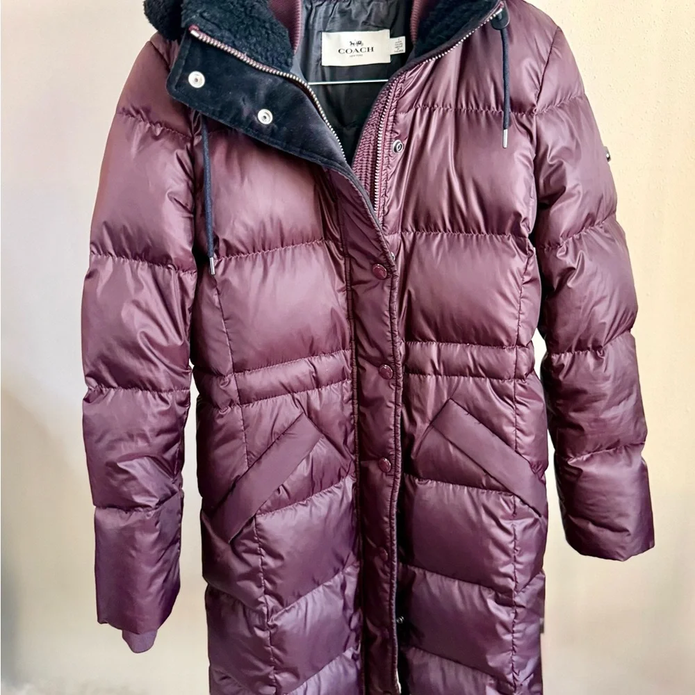Coach Plum Down Puffer Coat Long Hooded Faux Fur Trim Small Winter - Picture 9 of 16